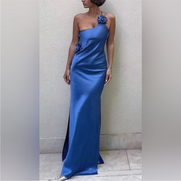 NWT Blue Satin Dress Open Back One Shoulder with Floral Rose Details - Picture 1 of 9